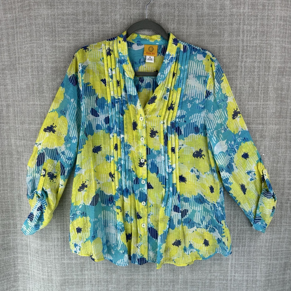 Ruby Rd. Blouse Womens M Multicolor Tunic V-Neck Long Sleeve Pleated Hawaiian